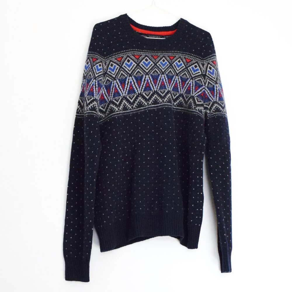 LANDS END 100% Wool Vintage Navy Blue Crewneck Knit Faire Isle Sweater | Size L
